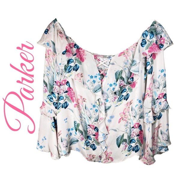 PARKER ERIN BOHEMIAN 100% SILK RUFFLED FLORAL OFF THE SHOULDER BLOUSE, LARGE - Picture 12 of 14